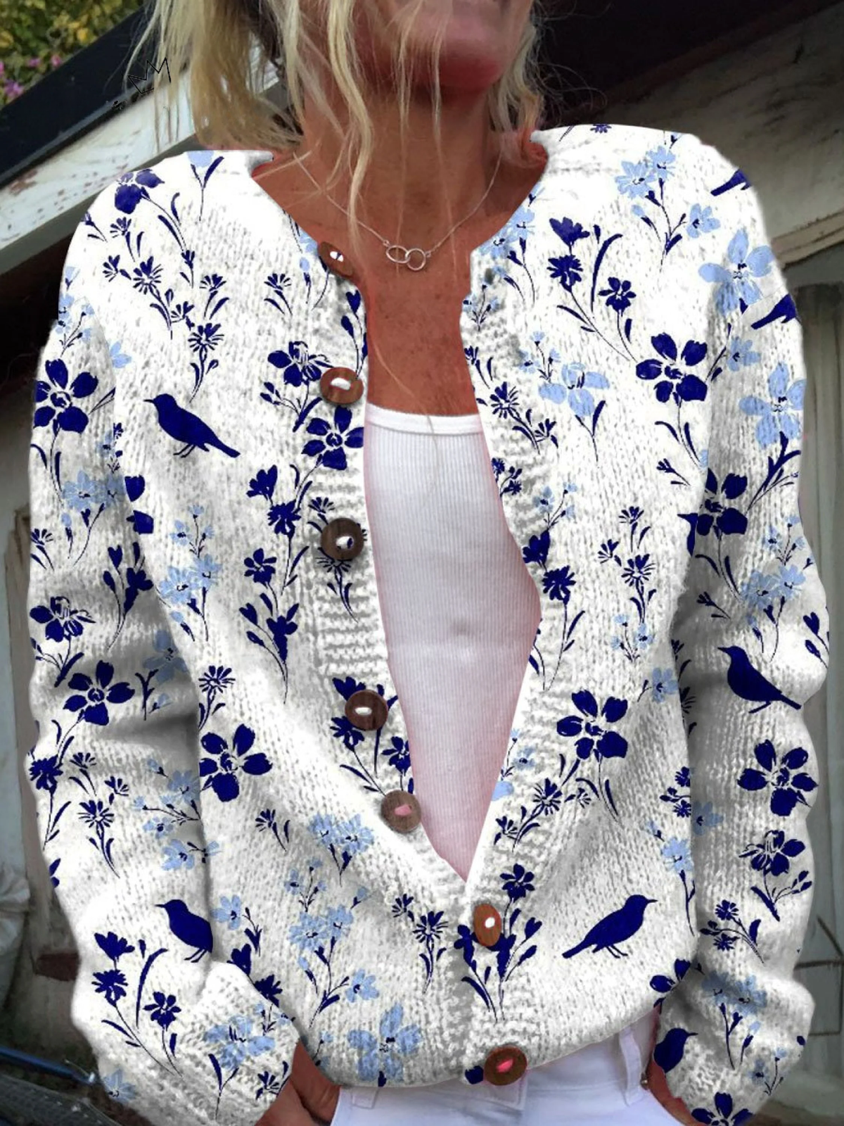 Margaret | Vintage Floral Bird Print Button-Front Cardigan Sweater