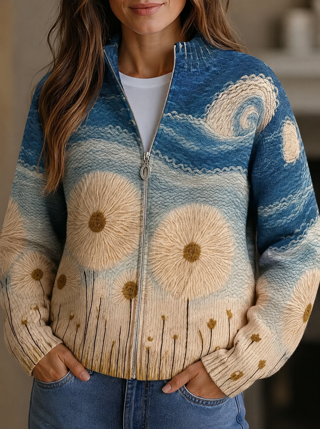 Deborah | Dandelion Art Zip Cardigan