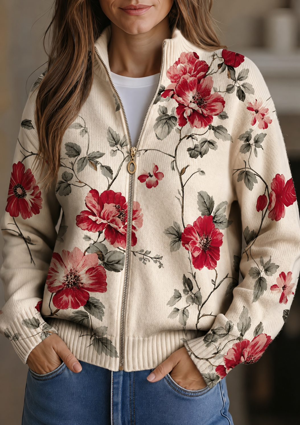 Marilyn | Vintage Rose Print Zip Cardigan