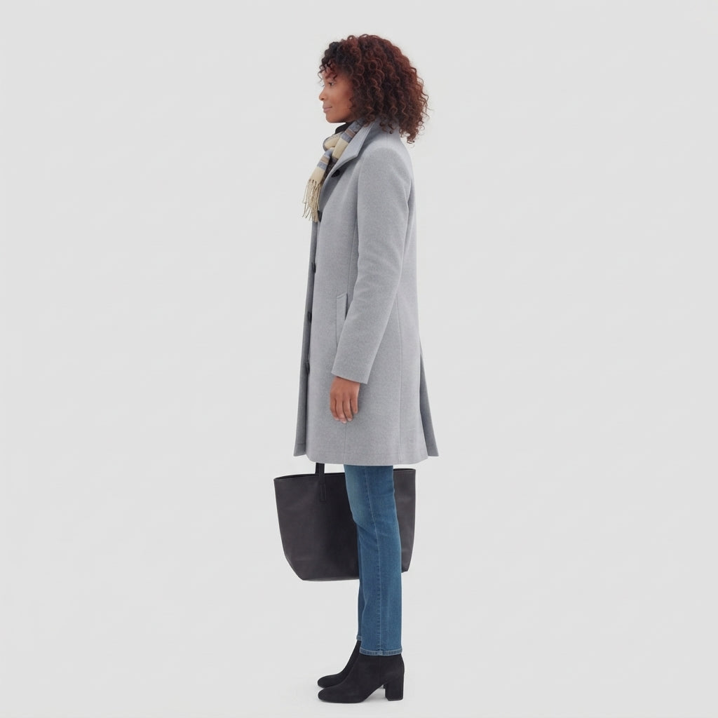 Women's Classic Tailored Long Coat in Light Grey - zijaanzicht