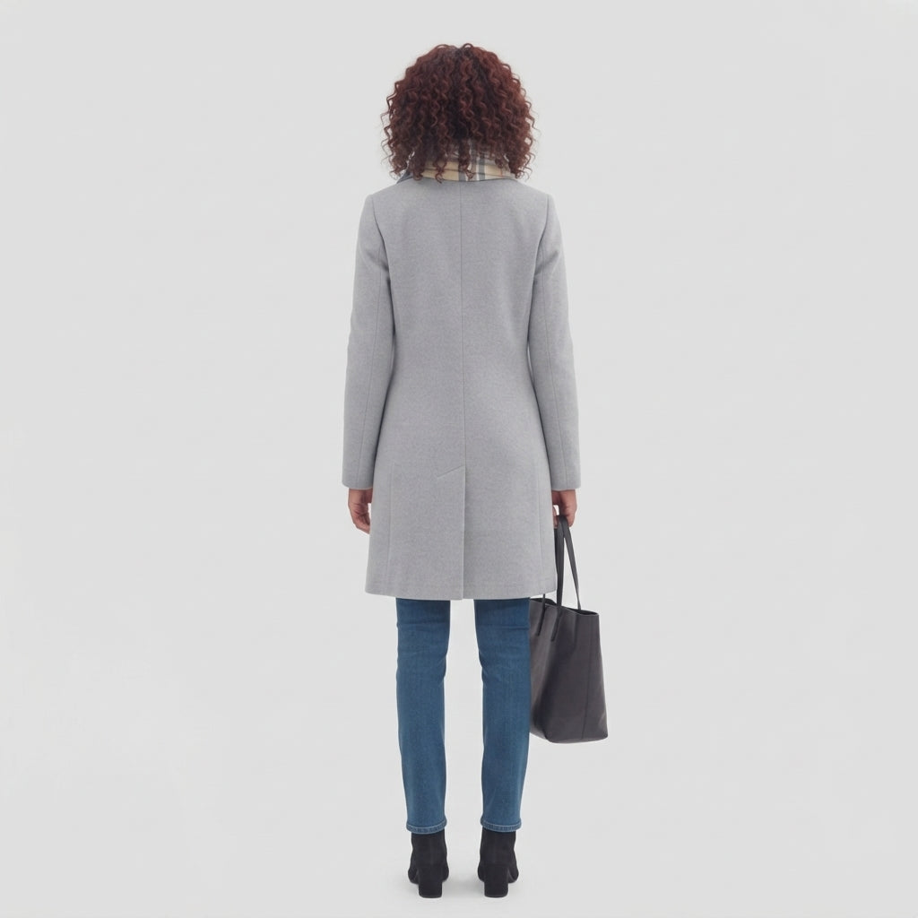 Women's Classic Tailored Long Coat in Light Grey - achteraanzicht