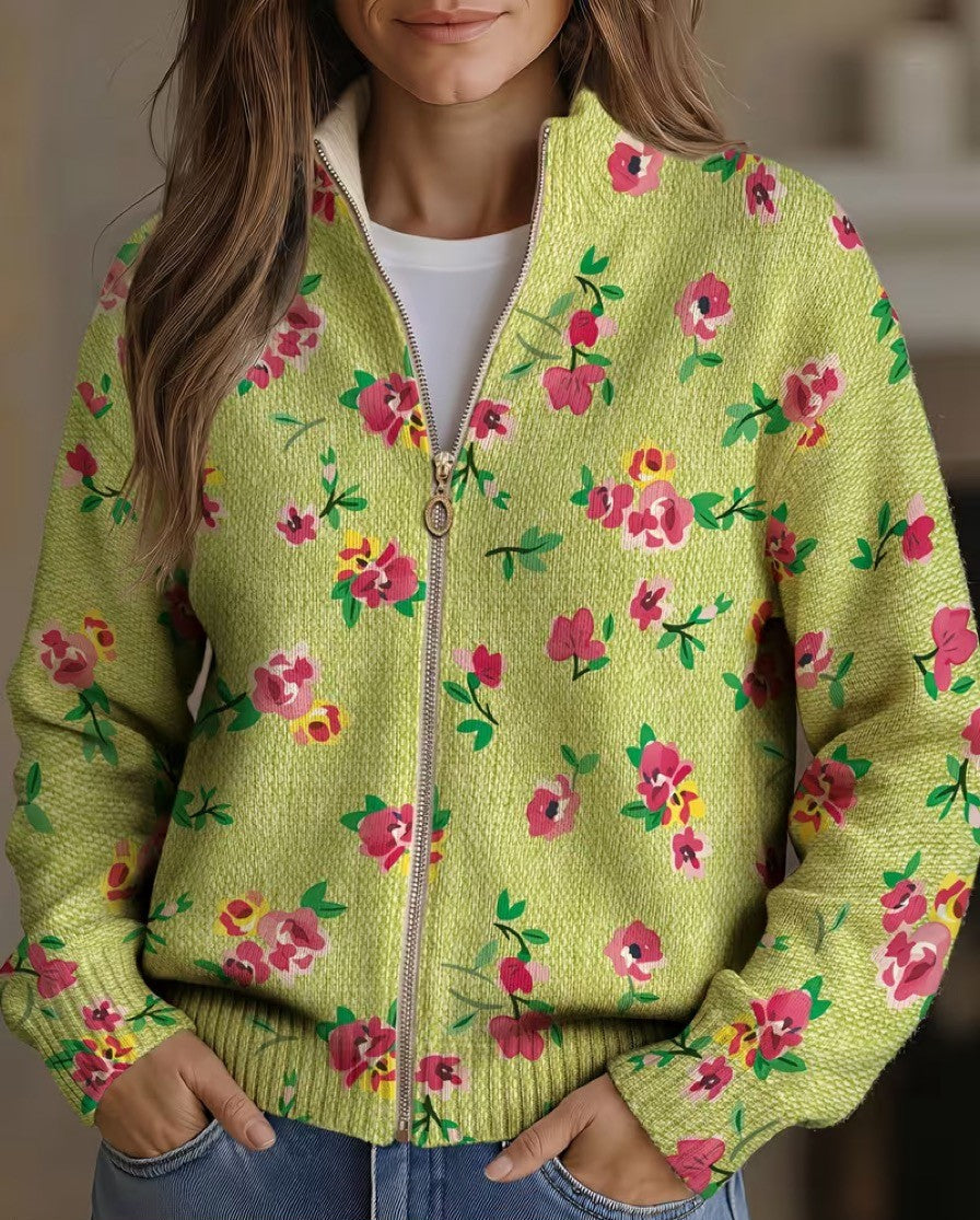 Susan | Pink Floral Lime Zip Cardigan