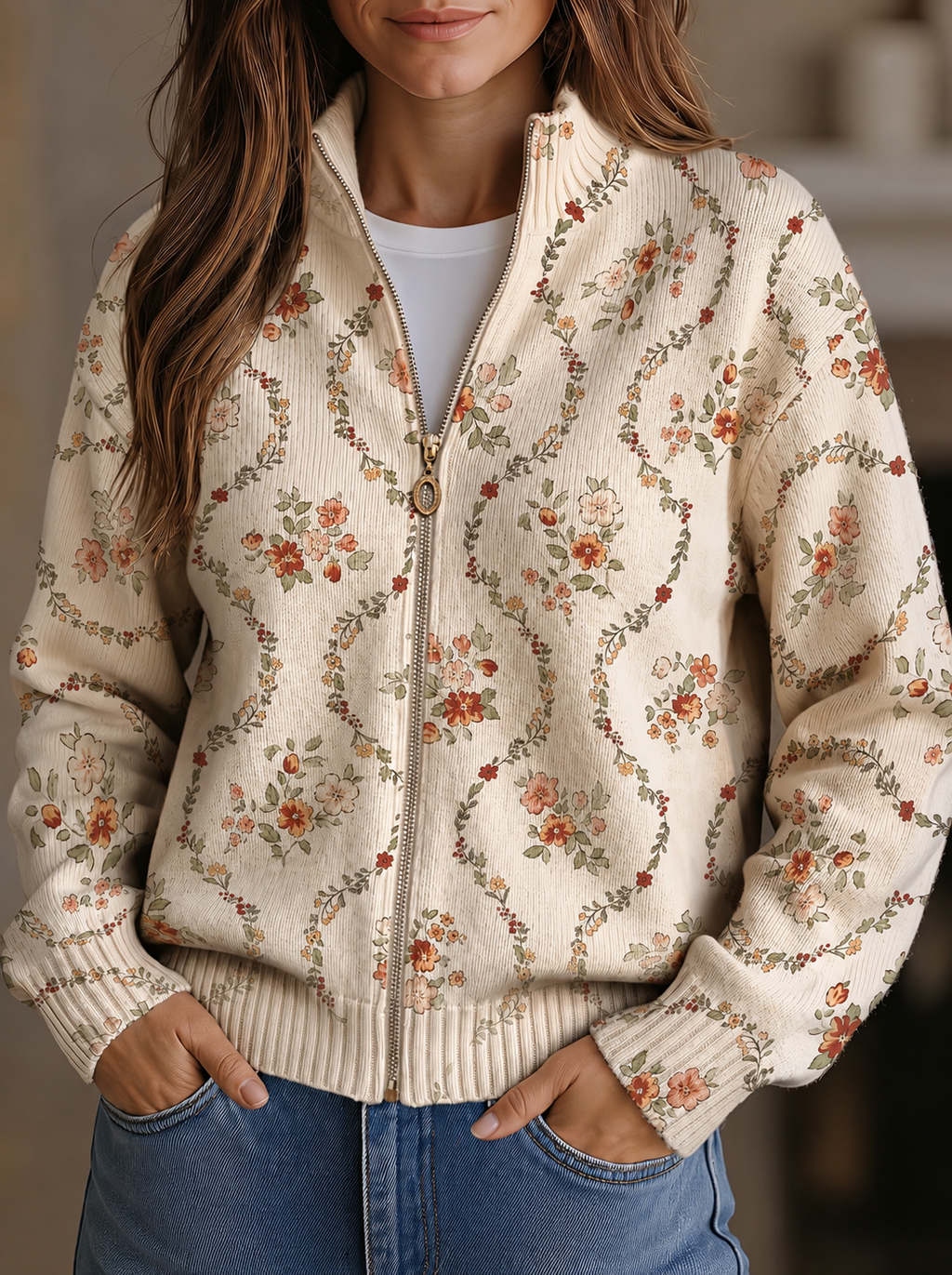 Janet | Romantic Floral Zip Cardigan