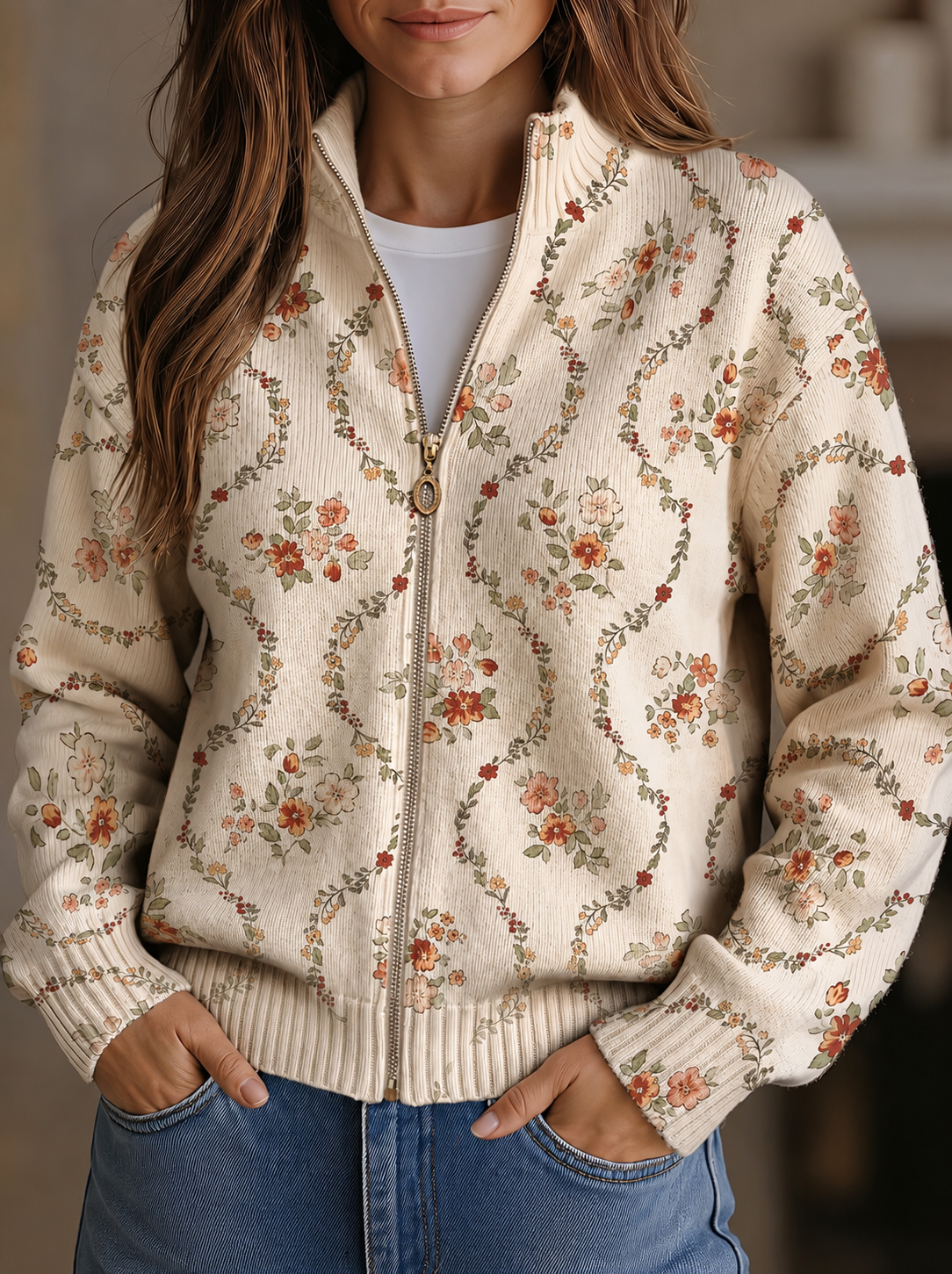 Janet | Romantic Floral Zip Cardigan
