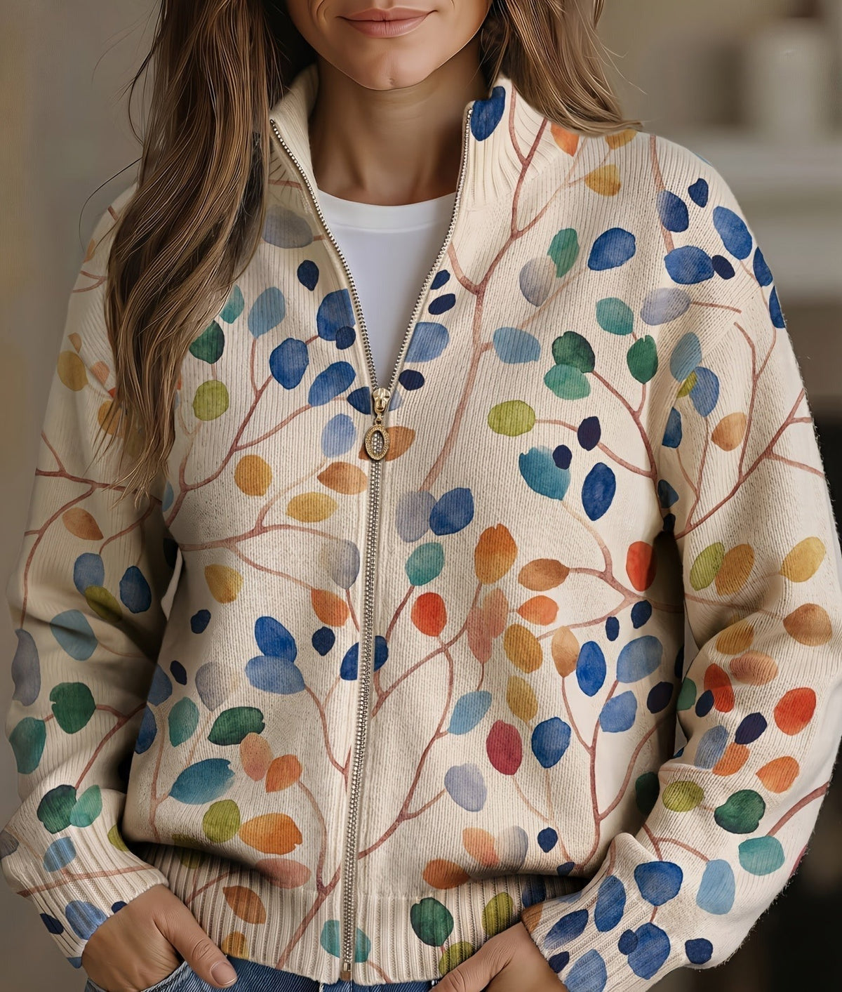 Patricia | Botanical Leaf Print Zip Cardigan