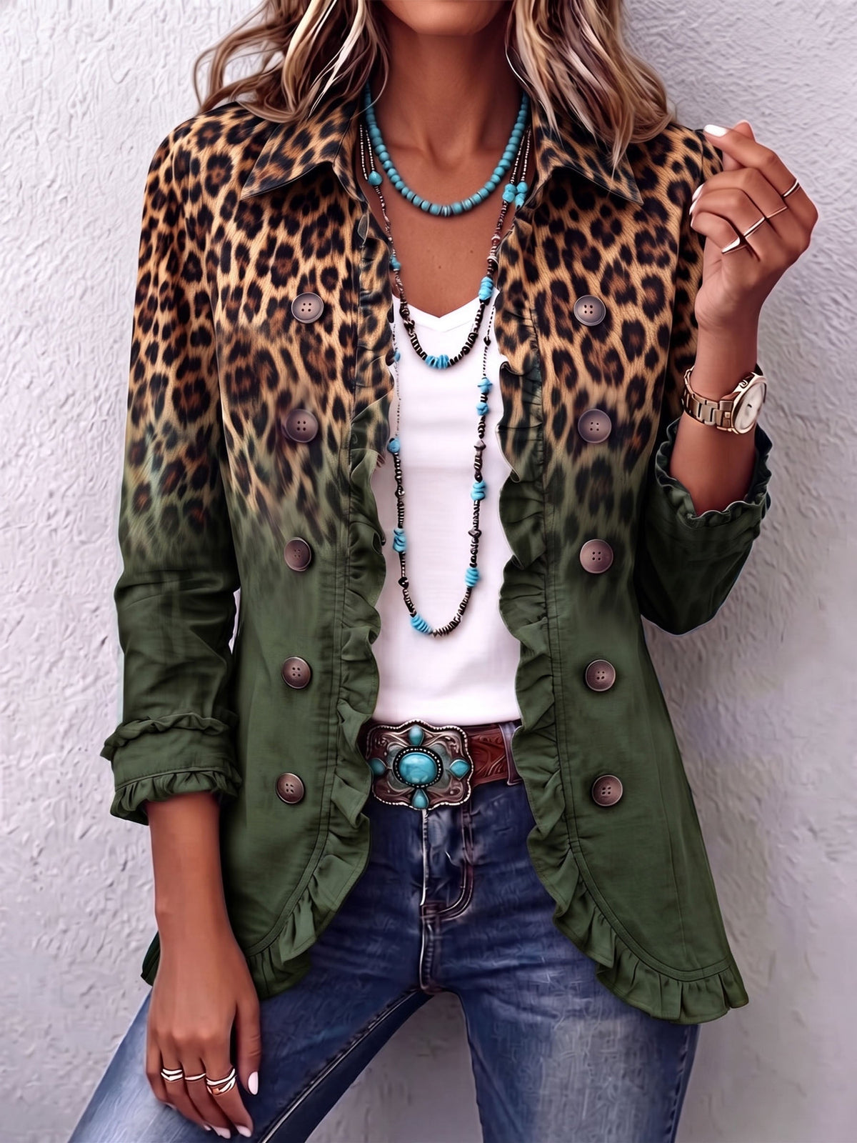 Cynthia | Leopard Ombre Ruffle Blazer Jacket