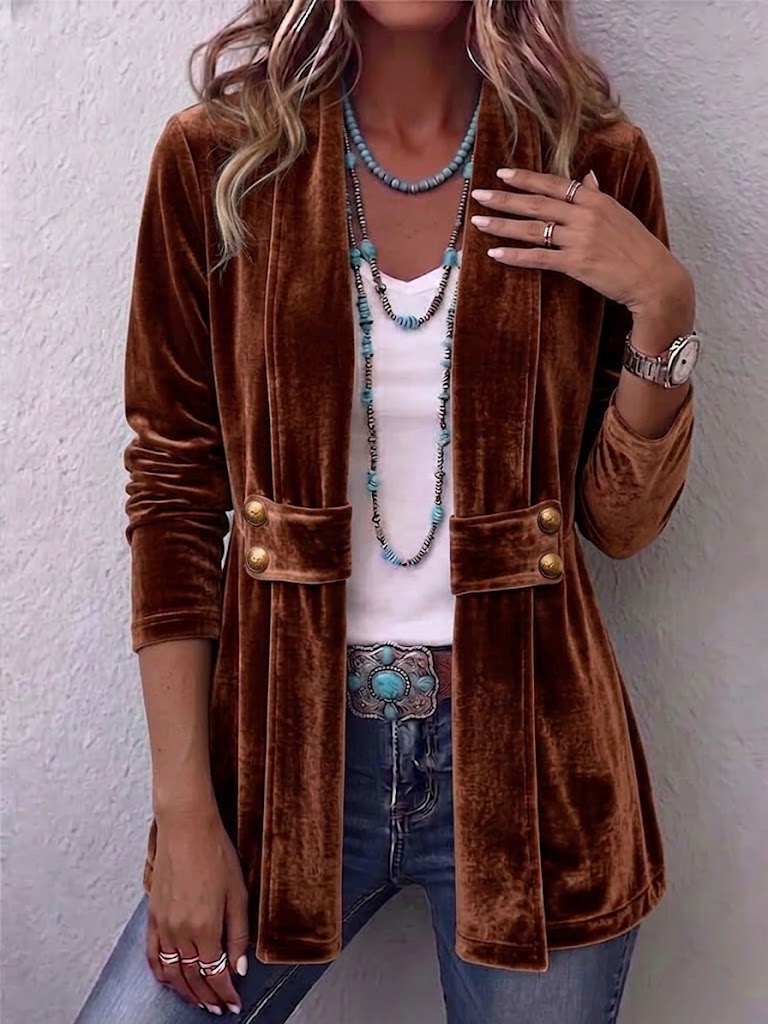Sharon | Vintage Lapel Button-Accent Long Sleeve Open Front Jacket