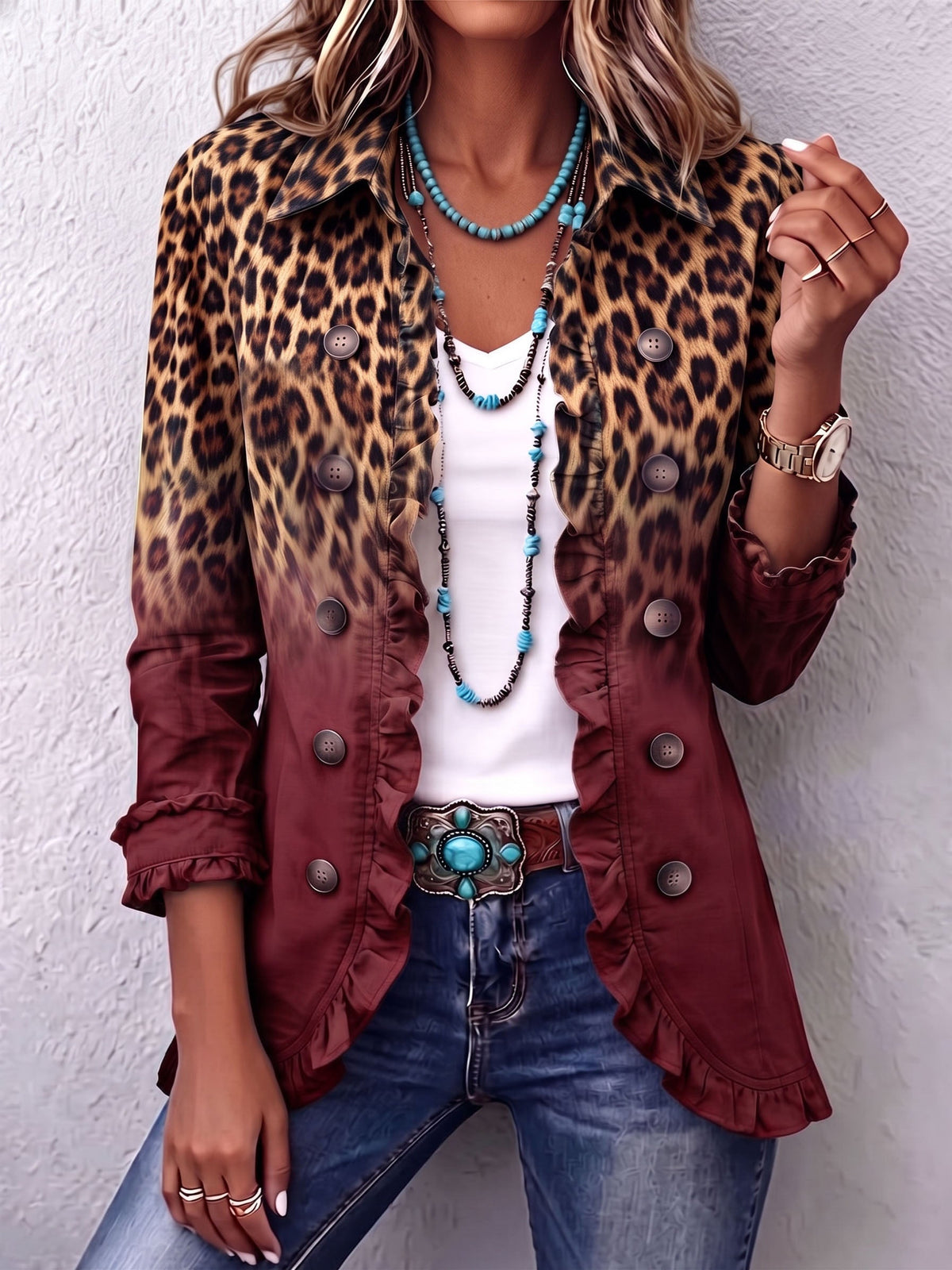 Cynthia | Leopard Ombre Ruffle Blazer Jacket