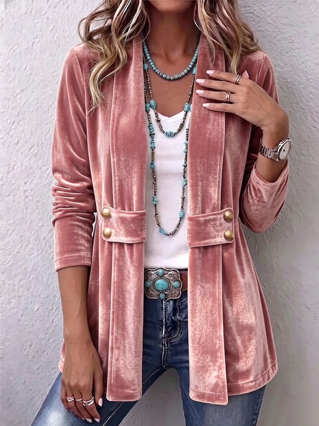 Sharon | Vintage Lapel Button-Accent Long Sleeve Open Front Jacket