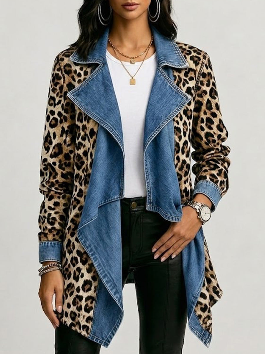 Brenda | Leopard Print & Washed Denim Paneled Mid-Length Jacket