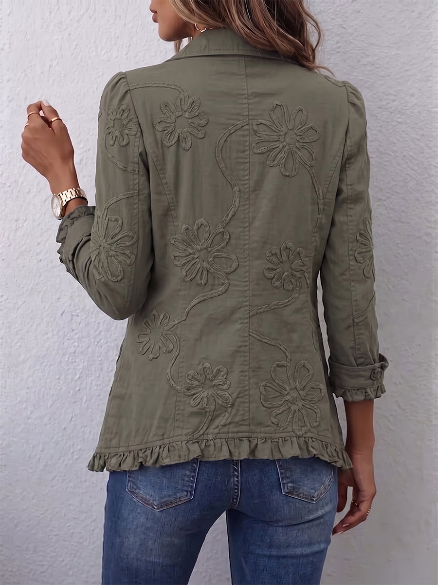 Cheryl | Boho-Chic Floral Embroidered Utility Ruffled Trim Jacket