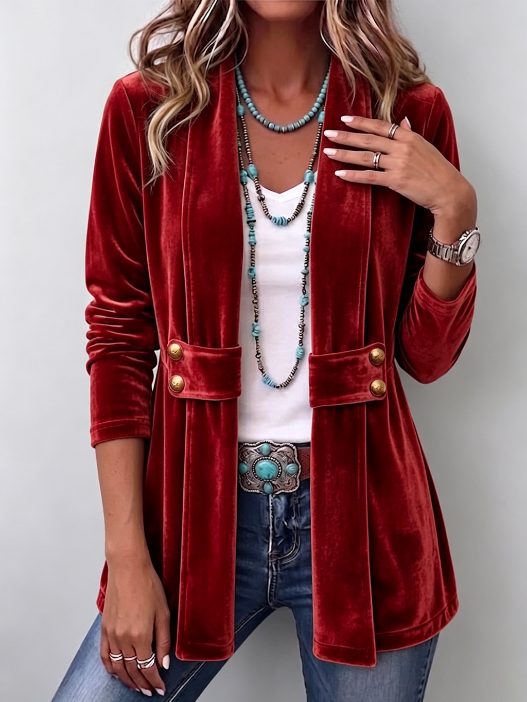 Sharon | Vintage Lapel Button-Accent Long Sleeve Open Front Jacket