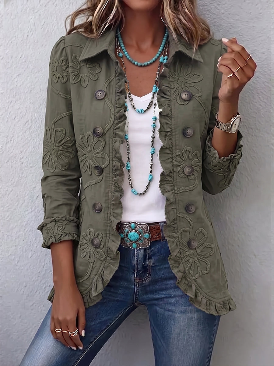 Cheryl | Boho-Chic Floral Embroidered Utility Ruffled Trim Jacket