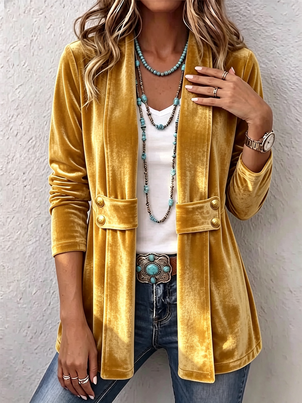 Sharon | Vintage Lapel Button-Accent Long Sleeve Open Front Jacket