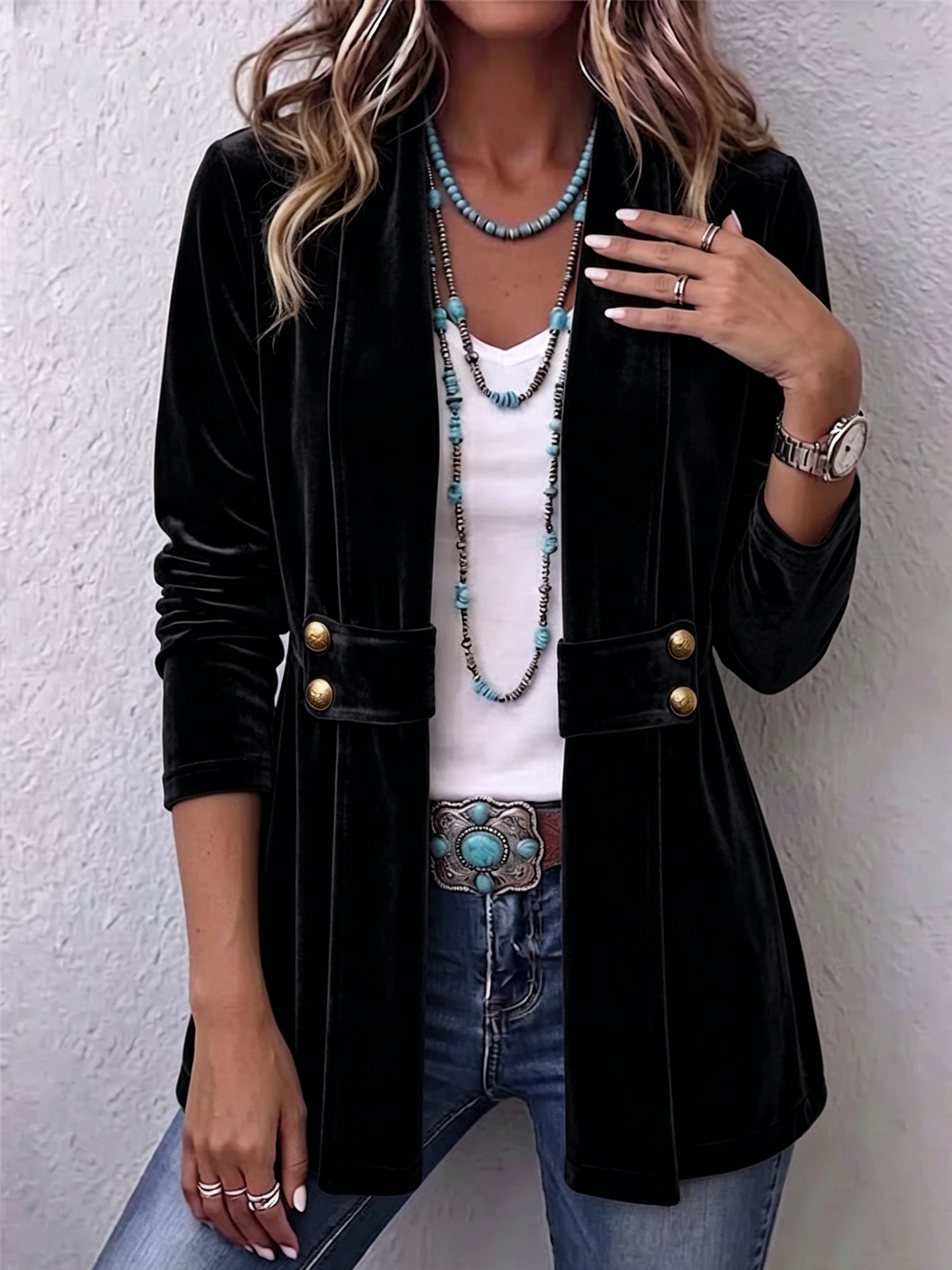Sharon | Vintage Lapel Button-Accent Long Sleeve Open Front Jacket