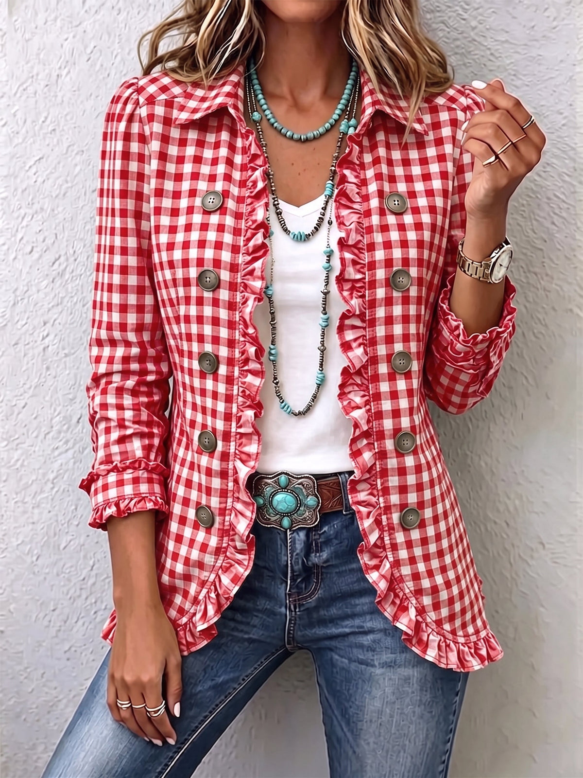 Diane | Gingham Ruffled Button-Down Jacket