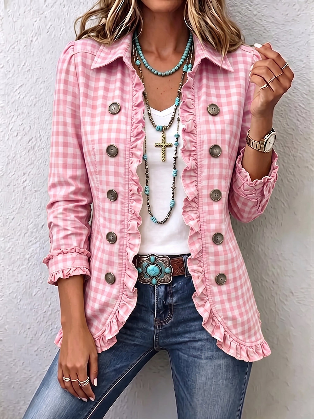 Diane | Gingham Ruffled Button-Down Jacket