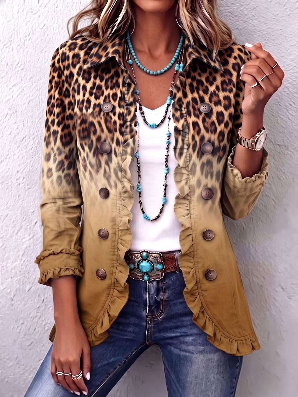 Cynthia | Leopard Ombre Ruffle Blazer Jacket