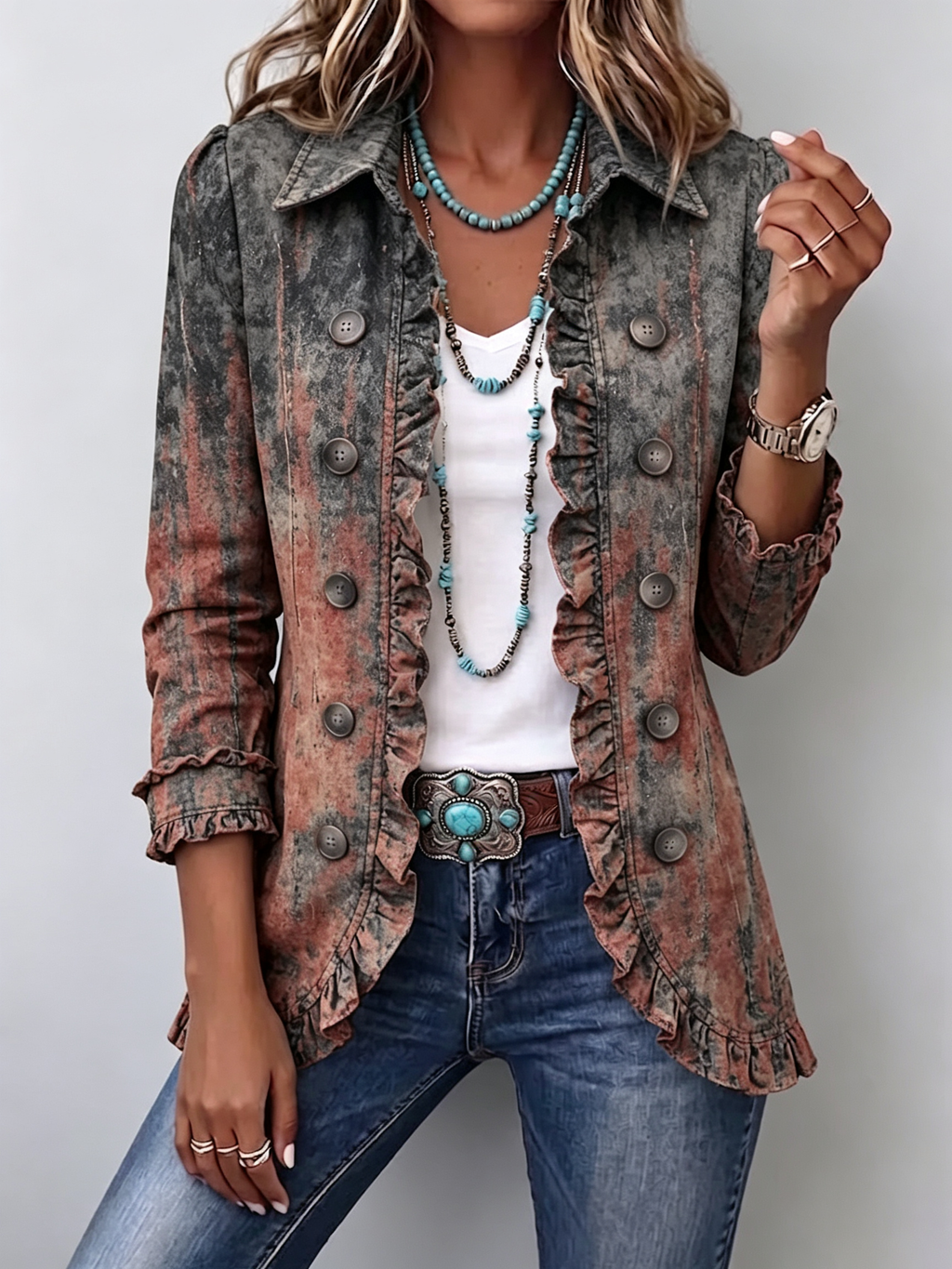 Marilyn | Vintage Gradient Textured Print Ruffle Jacket