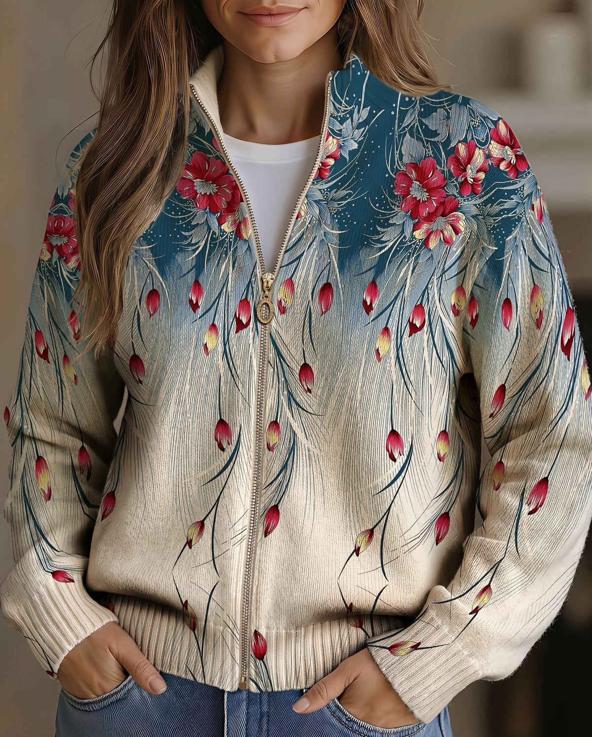 Karen | Floral Peacock Zip Cardigan